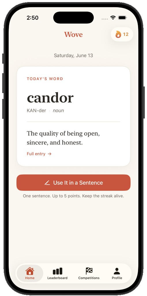 Wove home screen showing today's daily word with definition and streak counter